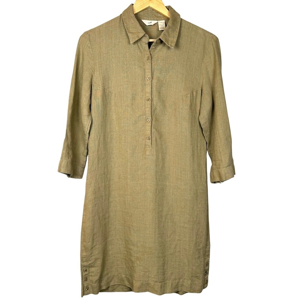 J Jill 100% Linen Shirt Dress XS Khaki Taupe Shift 3/4 Sleeve Collared Casual